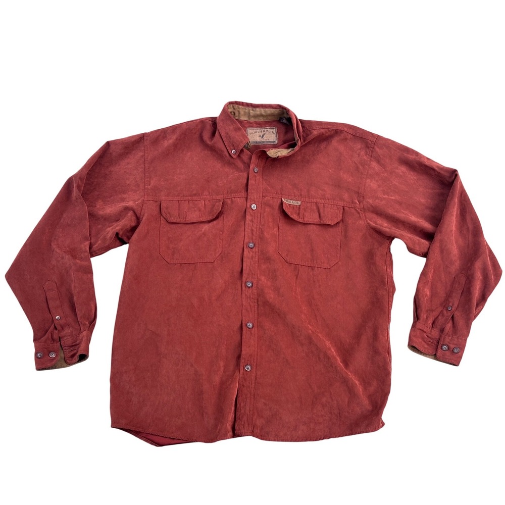 North River Outfitters Mens Rust Red Faux Suede‎ Button Down Shirt Long Sleeve L